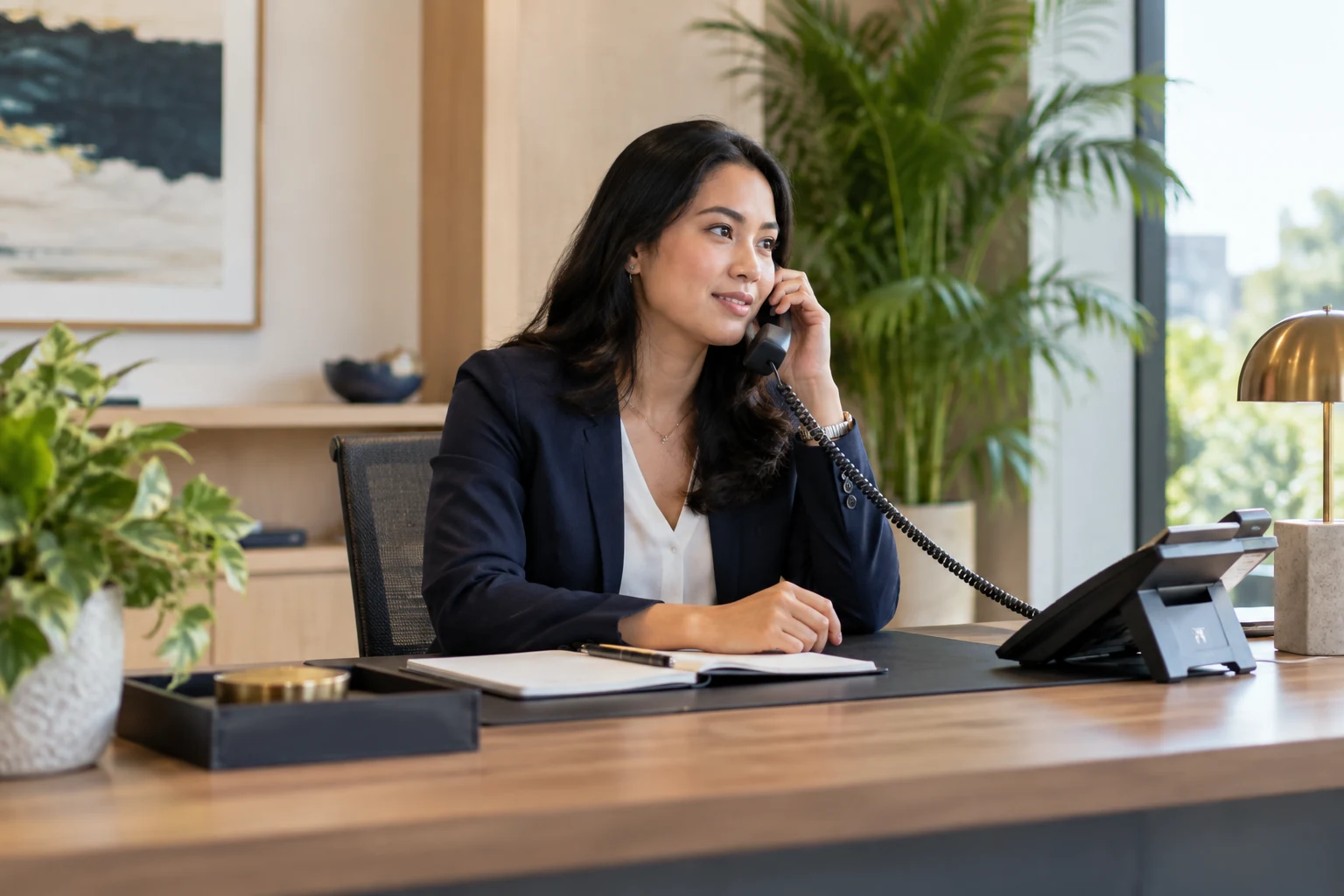 Professionnelle répondant à un téléphone fixe dans un bureau moderne