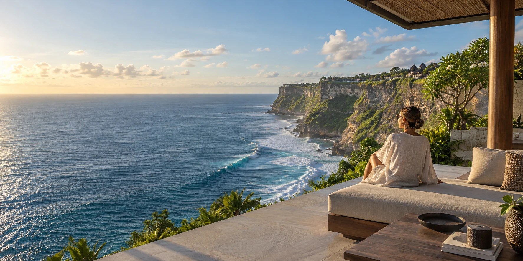 Voyageuse face aux falaises et à l’océan d’Uluwatu à Bali